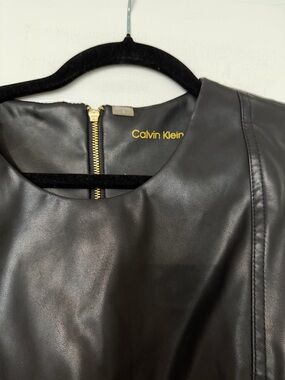 Calvin Klein Black Faux Leather Round-Neck Jacket with Gold Zip